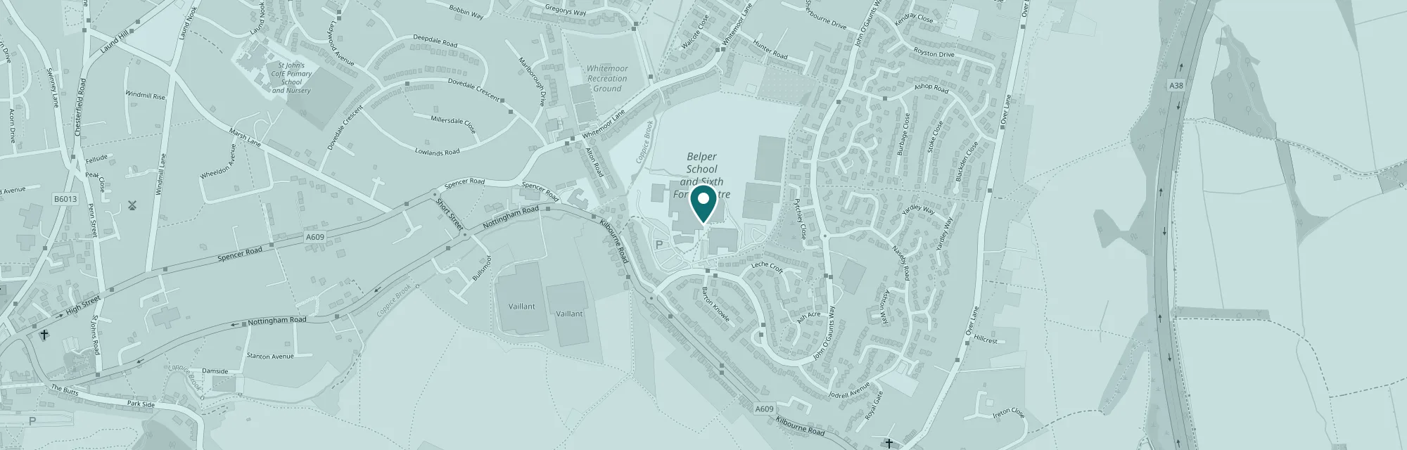 Map of the streets around Belper Community Theatre at Belper School, with a pin on the theatre entrance. Opens Google Maps.