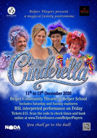 Cinderella poster: four of the cast in costume, including Cinderella in a tiara and ball gown and two dames in bright wigs, above the title in sparkling blue letters on a starry night sky.